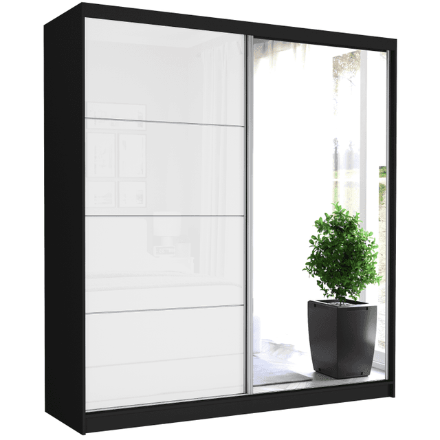 Szafa przesuwna Tivaro IV 203 cm czarna z lustrem 2-drzwi biały półpołysk srebrne szprosy