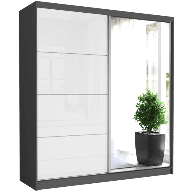 Szafa przesuwna Tivaro IV 203 cm antracyt z lustrem 2-drzwi biały półpołysk srebrne szprosy