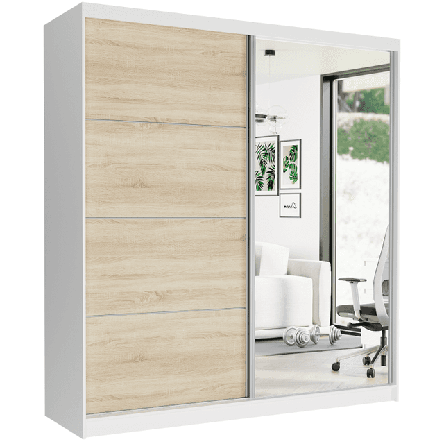 Szafa przesuwna Tivaro VIII 203 cm biała z lustrem 2-drzwi sonoma srebrne szprosy
