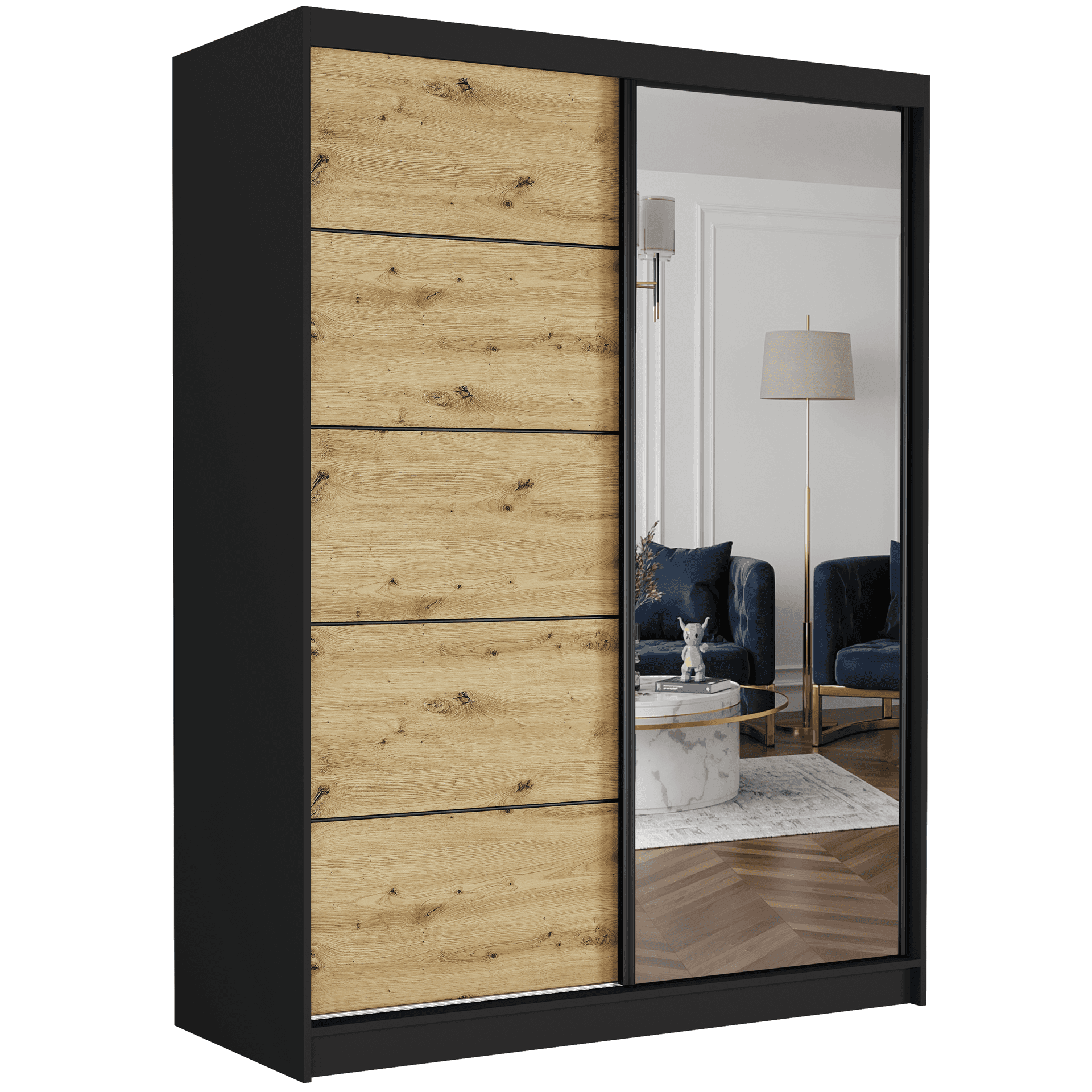 Szafa przesuwna Rivano IA 150 cm czarna z lustrem 2-drzwi artisan czarne szprosy