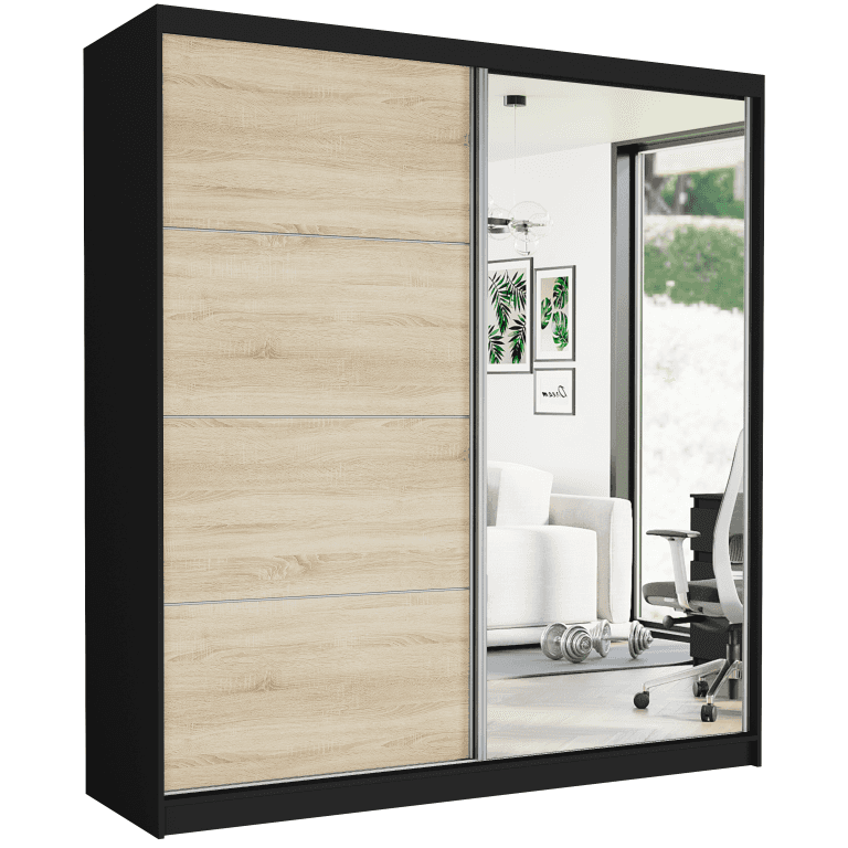 Szafa przesuwna Tivaro VIII 203 cm czarna z lustrem 2-drzwi sonoma srebrne szprosy